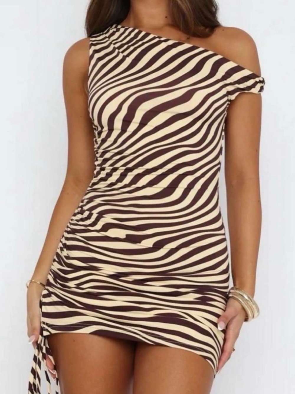 White Fox One-Shoulder Zebra Stripe Mini Dress in Cream and Brown